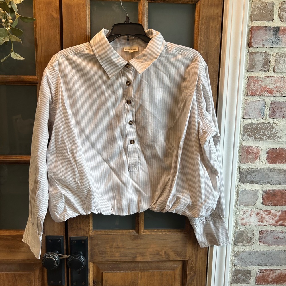 Aaron Amber Bubble Hem Shirt Size S Striped Button Up‎ Collared Cropped Cotton